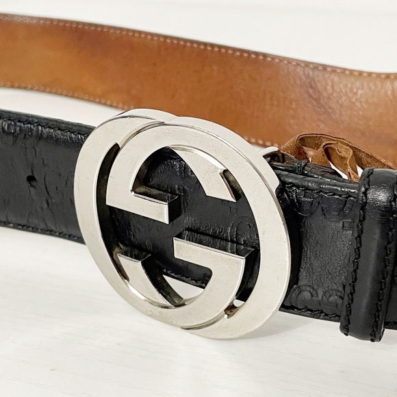 Gucci silver GG buckle black monogram leather belt size 36 - Picture 3 of 13